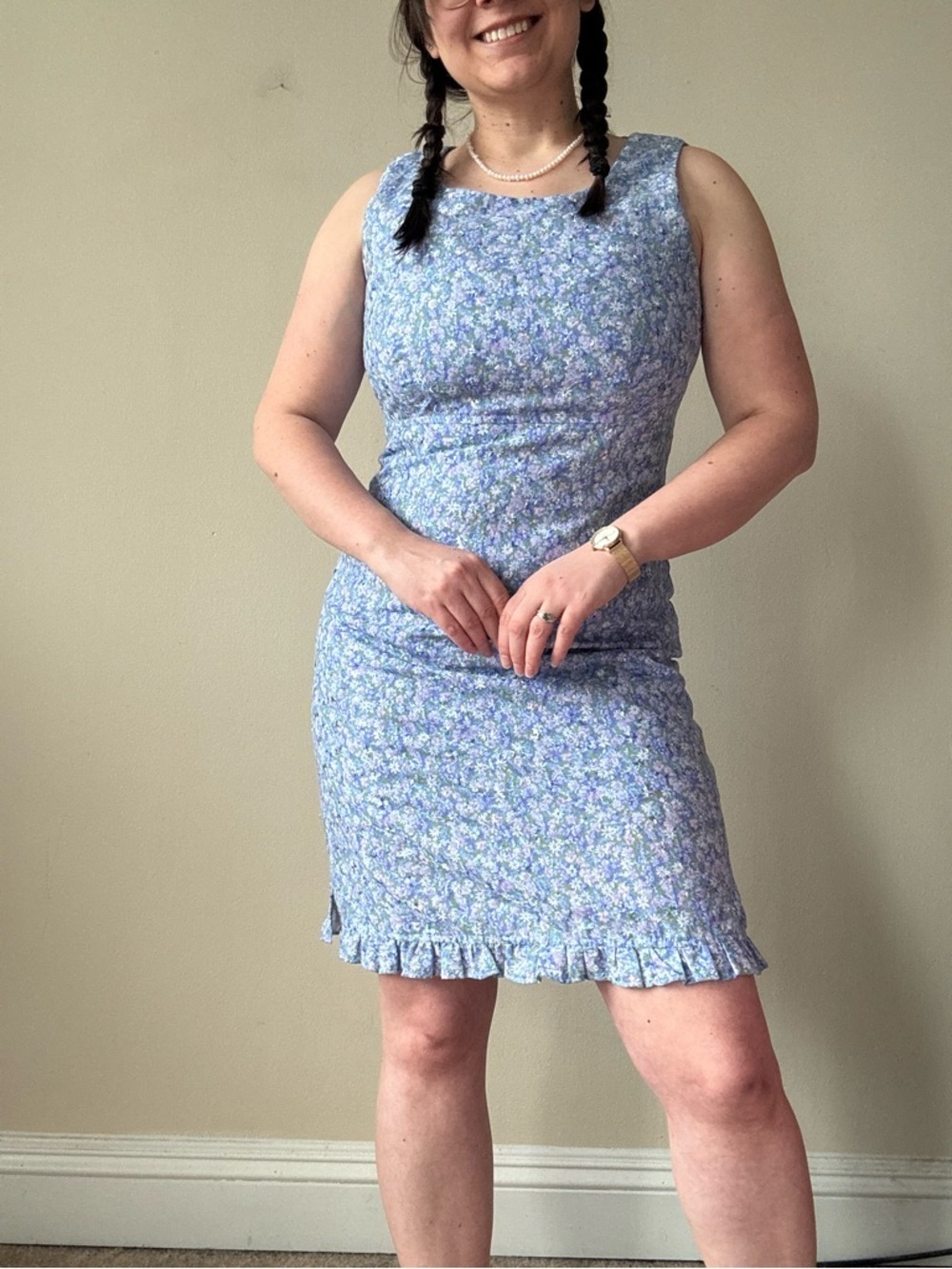 Vintage Sleeveless Blue Floral Ruffle Hem Dress